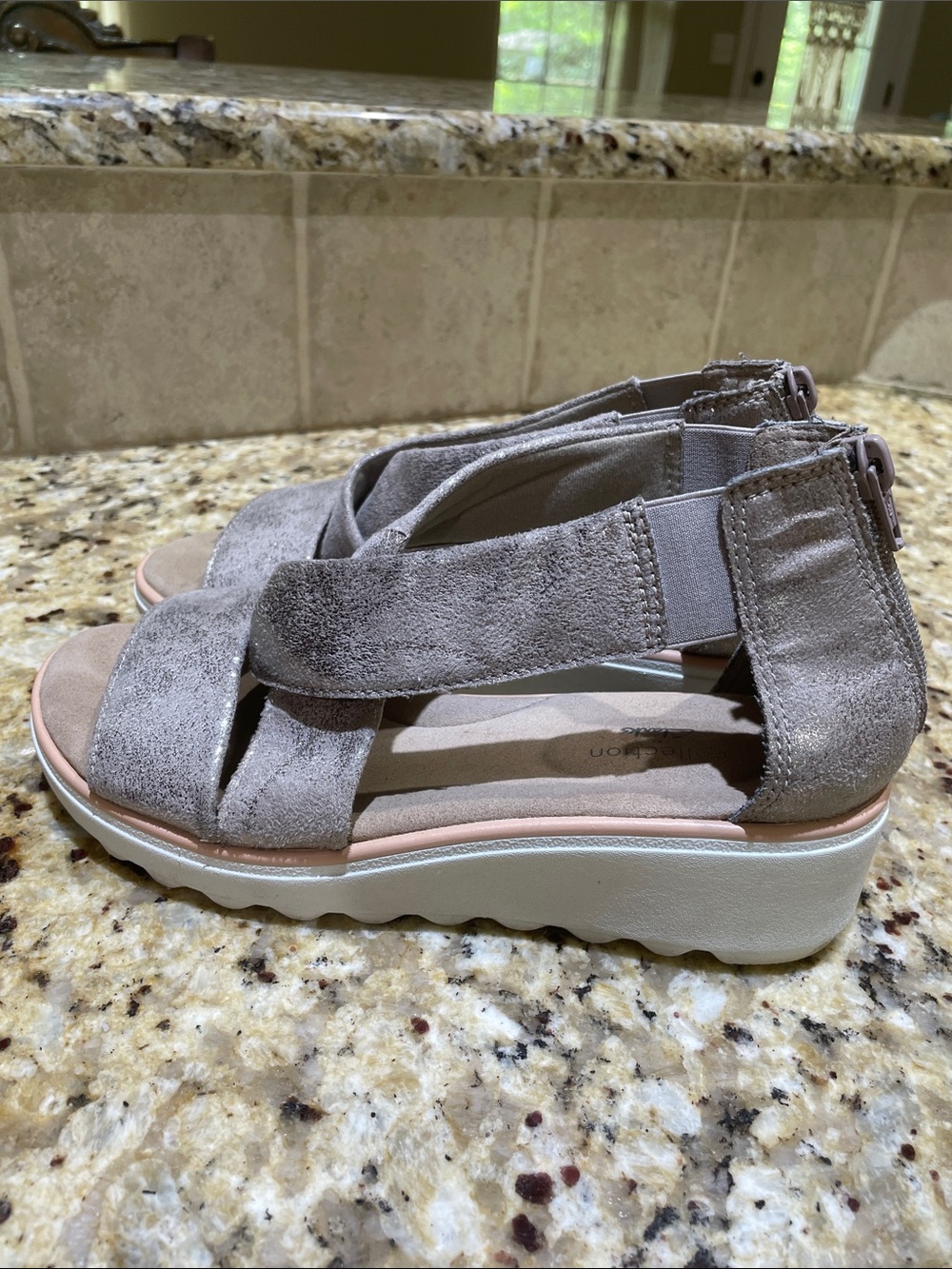 Clarks Shimmery Taupe Crisscross Wedge Sandals Size 7